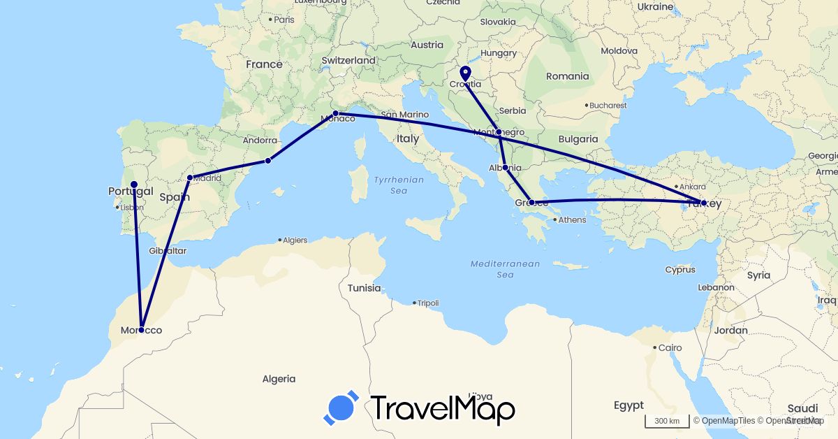 TravelMap itinerary: driving in Albania, Spain, France, Greece, Croatia, Morocco, Montenegro, Portugal, Turkey (Africa, Asia, Europe)
